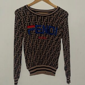 Brown & Black FF Logo Crewneck Sweater with Colorful Embroidery